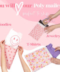 Designer Poly Mailers 6x9 Inch 100 Pack Heavy Duty Waterproof Self Seal Shipping Bags with pink coquette designs being used for hoodies, jewelry, and t-shirts.
