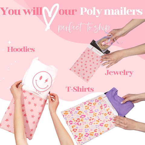 Designer Poly Mailers 6x9 Inch 100 Pack Heavy Duty Waterproof Self Seal Shipping Bags with pink coquette designs being used for hoodies, jewelry, and t-shirts.
