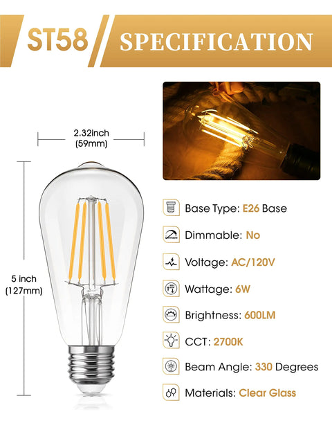 Specifications of Vintage Edison Style LED Bulbs That Give Off A Retro Vibe Non Dimmable 6W 60W Equivalent 2700K Warm White ST58 E26
