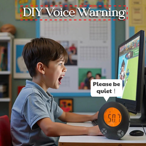 Boy using computer with Digital Decibel Meter With DIY Voice Warning, Remote Control, Wall Mount Sound Level Meter 35 dB to 135 dB