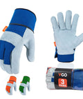 Leather Palm Work Gloves For Men, Heavy Duty Gardening And Builder Gloves, 3 Pairs Large Size, 3 Colors, product showcase