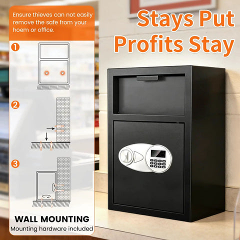 2.6 Cu Ft Depository Safe For Business With Quick Drop Slot And Digital LCD Display Cash Drop Safe mounted on wall
