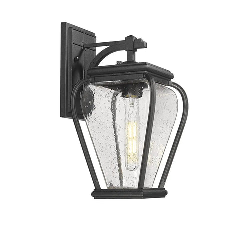 Heavy Duty Aluminum Outdoor Wall Light Fixture Built Tough With Waterproof Lantern, side angle view, 14.6 in tall, 9.9 in wide.