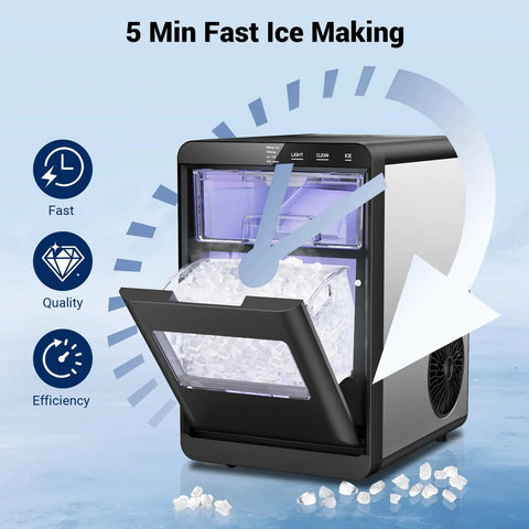 Party Ready Nugget Ice Maker For Countertop With 44 Lbs Per Day And 5 Minute Ice Ready displayed with ice and features