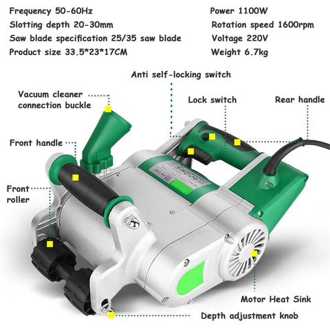 Pro Grade Heavy Duty Electric Wall Chaser For Concrete Walls 1100W 1600RPM With Adjustable Slot Depth 20-30 mm shown with labels