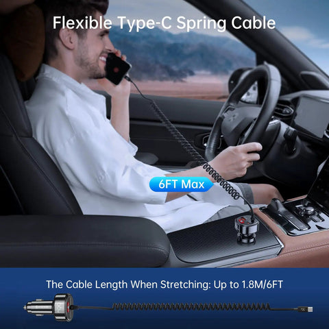 Heavy Duty Usb C Car Charger With Six Foot Coiled Cable And Smart Power Switch To Halt Battery Drain While You Rapidly Juice Up Phones Smoothly On Every Daily Commute in a car, with a man using his phone.