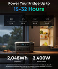 SOLIX C2000 Gen 2 Portable Power Station powering a fridge, with 2048Wh capacity and 2400W rated power, shown indoors.