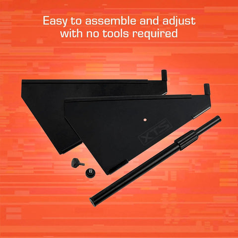 Components of XTS Desktop Stand For Studio Gear Extendable From 11.8 To 20.8 Inches shown on a red background