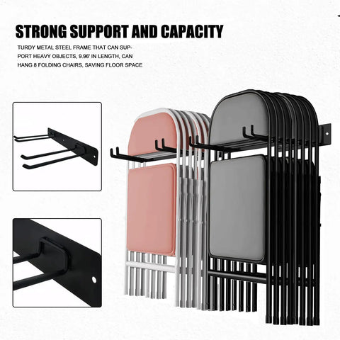 2 Pack Folding Chair Storage Rack Wall Mount Hangers For Garage Organization, heavy-duty steel, holding six chairs