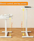 Stylish Electric Height Adjustable Mobile Overbed Side Table With Quiet Lifting Motor, Digital LED Display, Hidden Rolling Wheels, And Sleek Design For Ultimate Comfort And Versatile Usage In Any Bedroom Or Home Office Setup Today, showing height adjustment feature with dimensions 71cm and 116cm.