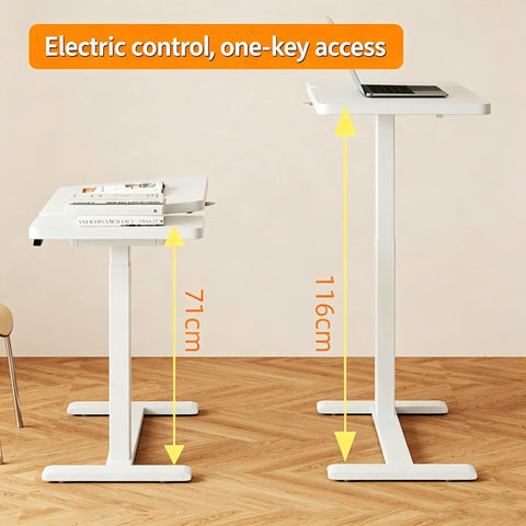 Stylish Electric Height Adjustable Mobile Overbed Side Table With Quiet Lifting Motor, Digital LED Display, Hidden Rolling Wheels, And Sleek Design For Ultimate Comfort And Versatile Usage In Any Bedroom Or Home Office Setup Today, showing height adjustment feature with dimensions 71cm and 116cm.