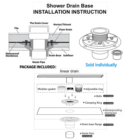 Installation instructions for 24 Inch Linear Shower Drain With Removable Square Hole Panel In Brushed 304 Stainless Steel