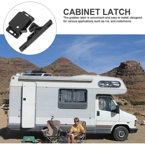 Rugged RV Cabinet Latches With Drawer Grabber Locks For Camper And Travel Trailer In Motion, black ABS latch shown on an RV in use