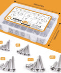 510 Piece Stainless Steel Wood Screws Kit With 18 Sizes For Everyday DIY Projects, Phillips Pan Head Self Tapping Coarse Thread Screws, 304 Stainless For Indoor And Outdoor Use, Lengths From Three Eighths Of An Inch To One And A Half Inches displayed in a plastic box