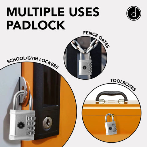 4 Digit Combination Padlock For Gym Lockers And Outdoor Gates Built Tough Weatherproof Zinc Alloy Security Lock shown in multiple uses
