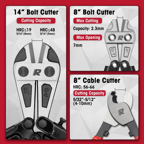 RIZOM 3-piece bolt cutter set: 14" heavy-duty bolt cutter, 8" mini bolt cutter, 8" cable cutter with bag.