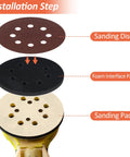 Mkobon 5-inch 8-hole sanding discs with foam interface pad and backing pad; three-piece installation diagram