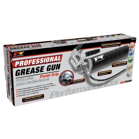 Box of Professional Grade 14 Oz Pistol Grip Grease Gun With Heavy Duty Build for Easy Lubrication in Auto and Industrial Work