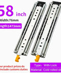 Bulletproof Heavy Duty Steel Drawer Slides And Three Section Fully Extended Rails With Secure Lock For Kitchen Cupboard Wardrobe Cabinet Supports Up To 100 Pounds Super Smooth Glide And Easy Peasy Install, 58 inch length, cold rolled steel.