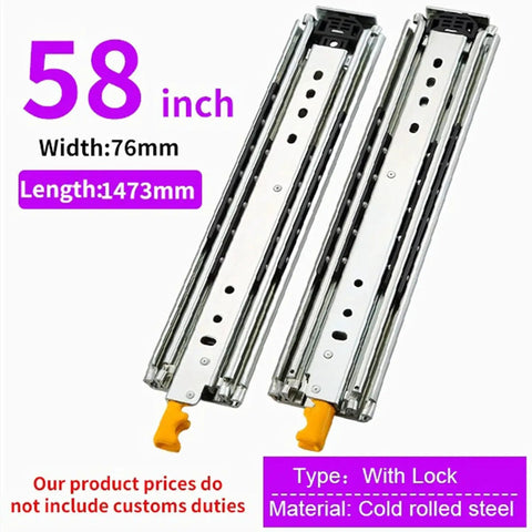 Bulletproof Heavy Duty Steel Drawer Slides And Three Section Fully Extended Rails With Secure Lock For Kitchen Cupboard Wardrobe Cabinet Supports Up To 100 Pounds Super Smooth Glide And Easy Peasy Install, 58 inch length, cold rolled steel.