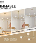 Modern Sputnik Chandelier In Brushed Brass With Six Light Gold Finish Hanging Pendant showcasing 3CCT light options in a room.