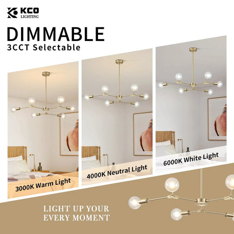 Modern Sputnik Chandelier In Brushed Brass With Six Light Gold Finish Hanging Pendant showcasing 3CCT light options in a room.