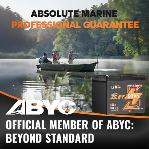 Anglers in boat using 24V 50Ah LiFePO4 Battery For Trolling Motors, Boats And RVs With Built In 50A BMS, Low Temp Cutoff And TVS Protection