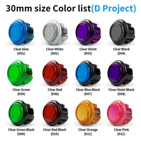 Color options for Gravity KS 30mm Mechanical Pushbuttons With Silent Linear Shafts, Snap In Mount, Ultra Quiet Arcade Button Replacement