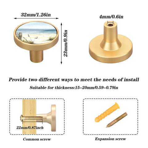 4 Pack Gold Beach Art Fence Cabinet Knobs Round Drawer Pulls For Cabinets Walls And Dressers Durable Acrylic And Zinc Alloy Cool Design Gold Pattern Dual Screws For Easy Install showing knob dimensions and installation screws