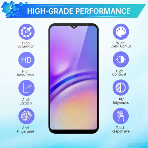Samsung Galaxy A05 Screen Replacement Kit With Frame LCD Display Touch Digitizer Full Assembly shown with performance features.