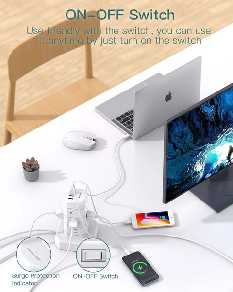 Ultimate 12 Outlet Surge Protector Power Strip Tower with 10 ft cord and 4 USB ports on desk with laptop and phone