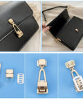 PH PandaHall six 2.1-inch gold turn-lock purse clasps with shims; collage showing front view on black bag and close-up components.