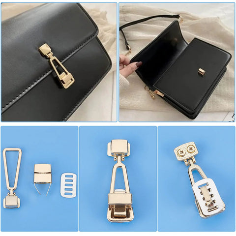 PH PandaHall six 2.1-inch gold turn-lock purse clasps with shims; collage showing front view on black bag and close-up components.