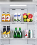Bulk Clear Storage Bins Set Of 12 With Durable Handles And Blank Labels For Stackable Plastic Pantry Organization Across Kitchen Fridge Freezer Closet Shelving And Laundry Areas To Kick Clutter To The Curb with beverages and fruit in refrigerator.