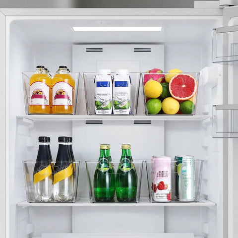 Bulk Clear Storage Bins Set Of 12 With Durable Handles And Blank Labels For Stackable Plastic Pantry Organization Across Kitchen Fridge Freezer Closet Shelving And Laundry Areas To Kick Clutter To The Curb with beverages and fruit in refrigerator.