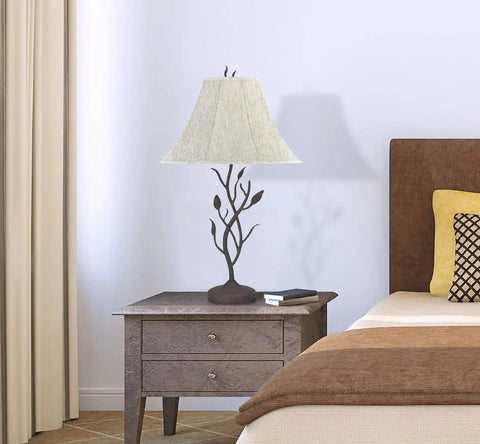 3-Way One Light Hand Forged Iron Table Lamp With Matte Black Finish 33 Inch Tall Includes Bell Fabric Shade Matching Harp