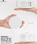 Set Of Six Round Marble Coasters With Secure Holder White Polished Stone For Kitchen Countertops Modern Minimalist Design Zero Water Stains Non Slip Base A Total Vibe Upgrade For Your Daily Grind showing size details in a hand.