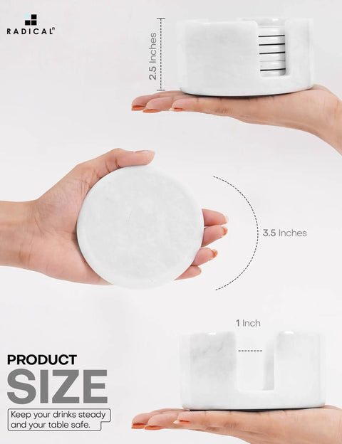 Set Of Six Round Marble Coasters With Secure Holder White Polished Stone For Kitchen Countertops Modern Minimalist Design Zero Water Stains Non Slip Base A Total Vibe Upgrade For Your Daily Grind showing size details in a hand.