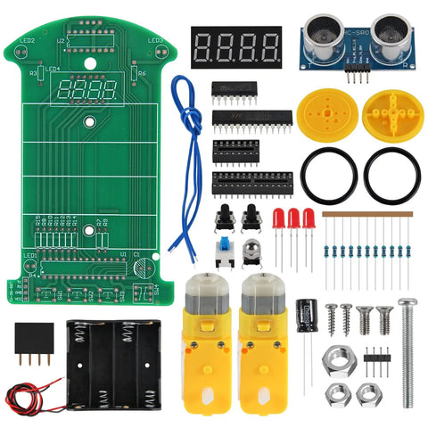 DIY Electronic Car Kit With Infrared Sensor Ultrasonic Module And Motorized Chassis Hands On Robot Practice Set Including PCB Components And Wiring For Fun Experiments Teaching Circuitry And Coding, green PCB and parts laid out