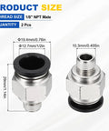 Image of Two Pack Push To Connect Pneumatic Fittings For One Half Inch Tubing And One Eighth Inch NPT Male Plug And Play Nickel Plated Brass Straight Adapters showing dimensions and details.