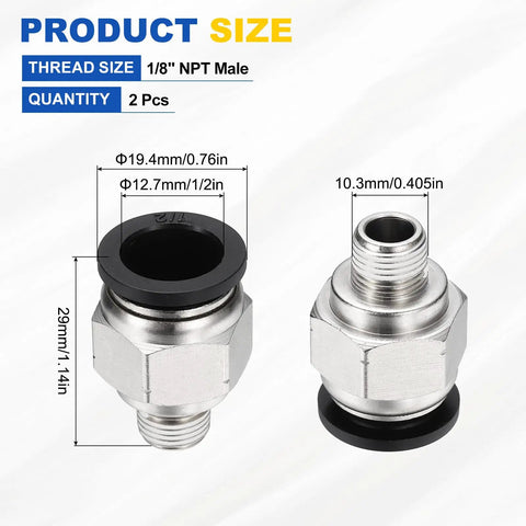 Image of Two Pack Push To Connect Pneumatic Fittings For One Half Inch Tubing And One Eighth Inch NPT Male Plug And Play Nickel Plated Brass Straight Adapters showing dimensions and details.