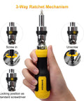 Hand holding Ratcheting 13-In-1 Multi Bit Screwdriver Set with 180 degree pivot magnetic bits and ergonomic grip demonstrating use.
