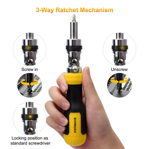Hand holding Ratcheting 13-In-1 Multi Bit Screwdriver Set with 180 degree pivot magnetic bits and ergonomic grip demonstrating use.