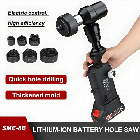 Rechargeable Hydraulic Hole Punch Kit With Six Dies For 22 To 60 mm Holes 21V Battery Pack With 2X2500mAh Cells on display