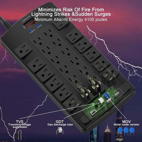 Surge Protector Power Strip With 24 Outlets And 4 USB Ports Including 2 USB C 4100J Surge Protection 6 Foot Flat Plug Heavy Duty Extension Cord ETL Listed For Home Office Dorm Room Black, angled view