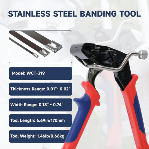 One-Handed Stainless Zip Tie Gun Kit WCT-319 with 11.8 inch metal cable ties and release tool for secure bundling.