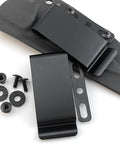 Rugged Metal Knife Sheath Belt Clip Universal Mounting Clip For Kydex Holsters with hardware shown on black background.