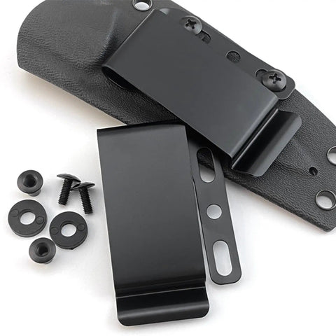 Rugged Metal Knife Sheath Belt Clip Universal Mounting Clip For Kydex Holsters with hardware shown on black background.