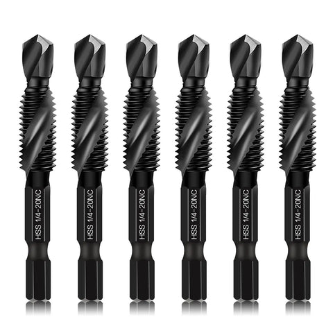 Combo Drill Tap Bit Set, Six-Piece 1/4-20 NC Dual Drill And Tap Bits, High Speed Steel With Anti-Rust Blackened Coating