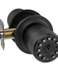 Keypad Door Lock With 50 User Codes And Auto Lock, Waterproof Matte Black, Keyless Entry for Home or Apartment shown from side view.